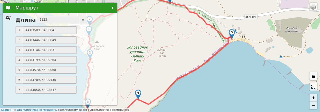 Природный заказник Алчак-Кая путь на карте Природный заказник Алчак-Кая трек на карте
