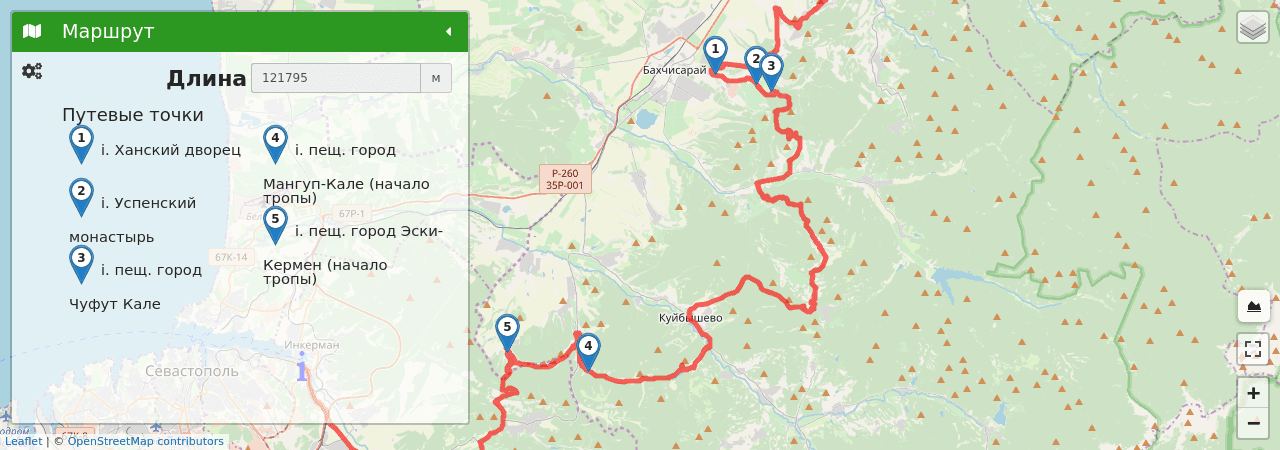 М5:Скалистое-Бахчисарай- Чуфут-Кале — Эски-Кермен-р.Черная-Инкерман путь на карте М5:Скалистое-Бахчисарай- Чуфут-Кале — Эски-Кермен-р.Черная-Инкерман трек на карте