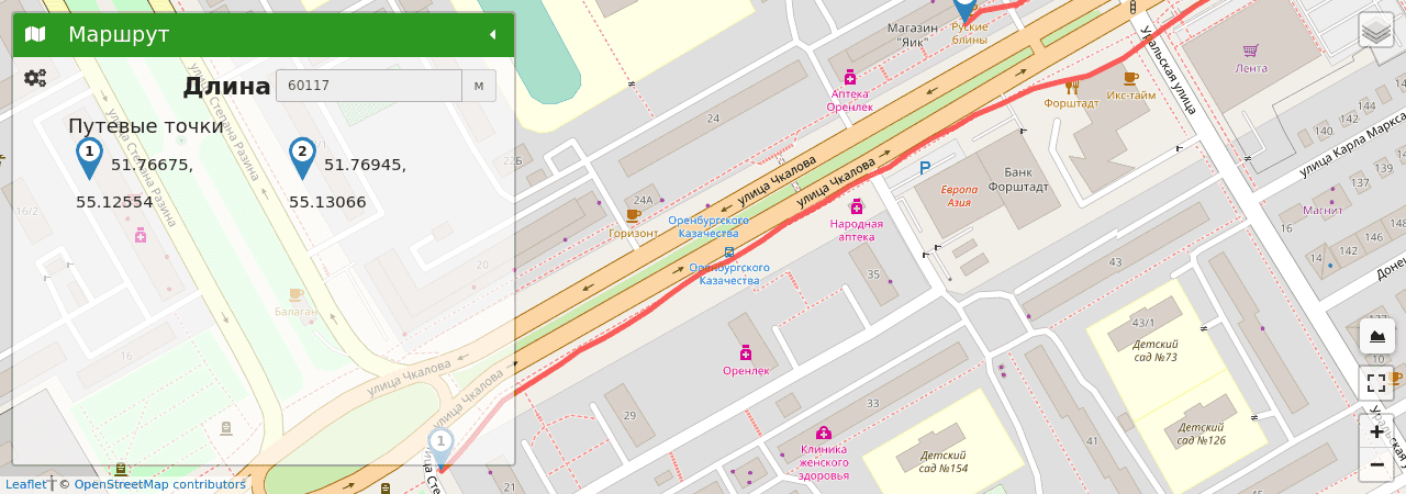 Оренбург - Жилгородок путь на карте Оренбург - Жилгородок трек на карте